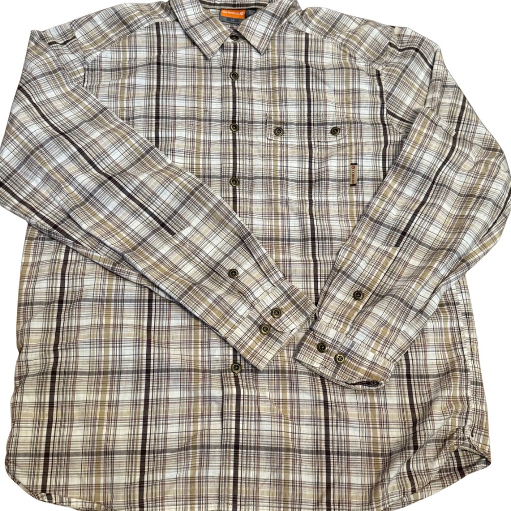 Merrell Men’s Plaid Button Down Shirt Brown‎ White Large | Outdoor Casual